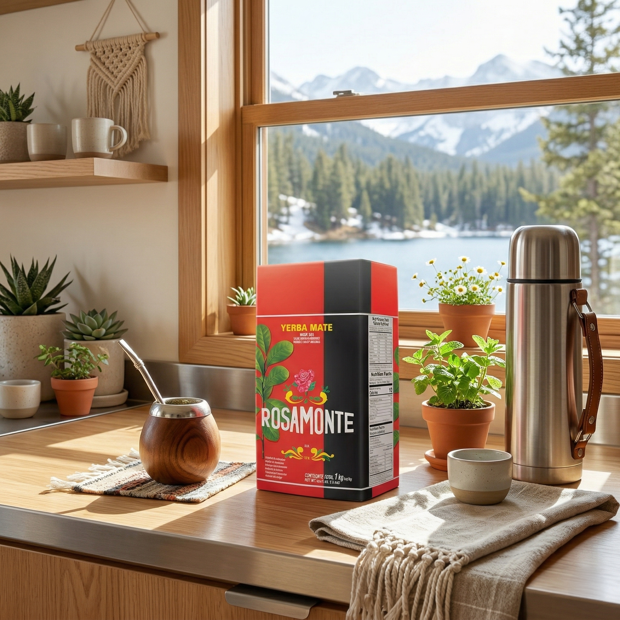Rosamonte Yerba Mate 1kg, wooden mate gourd, and stainless steel thermos in a rustic-minimalist kitchen with mountain views.