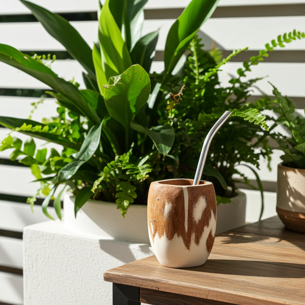 Luvmate Ranchera hand-carved carob wood mate gourd featuring a distinctive white and brown cowhide-style painted pattern and a metal bombilla straw, resting on a rustic wooden table in a sunny patio with lush green potted plants and a white slatted fence in the background.
