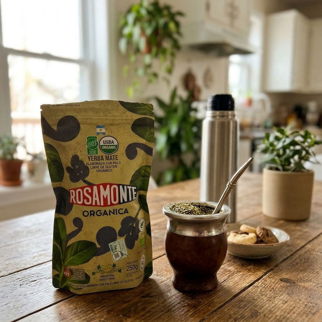 A bag of Rosamonte Organica yerba mate sits on a rustic wooden table in a bright, softly blurred kitchen setting, styled with a silver thermos, a traditional mate cup with a metal bombilla, and small snacks.