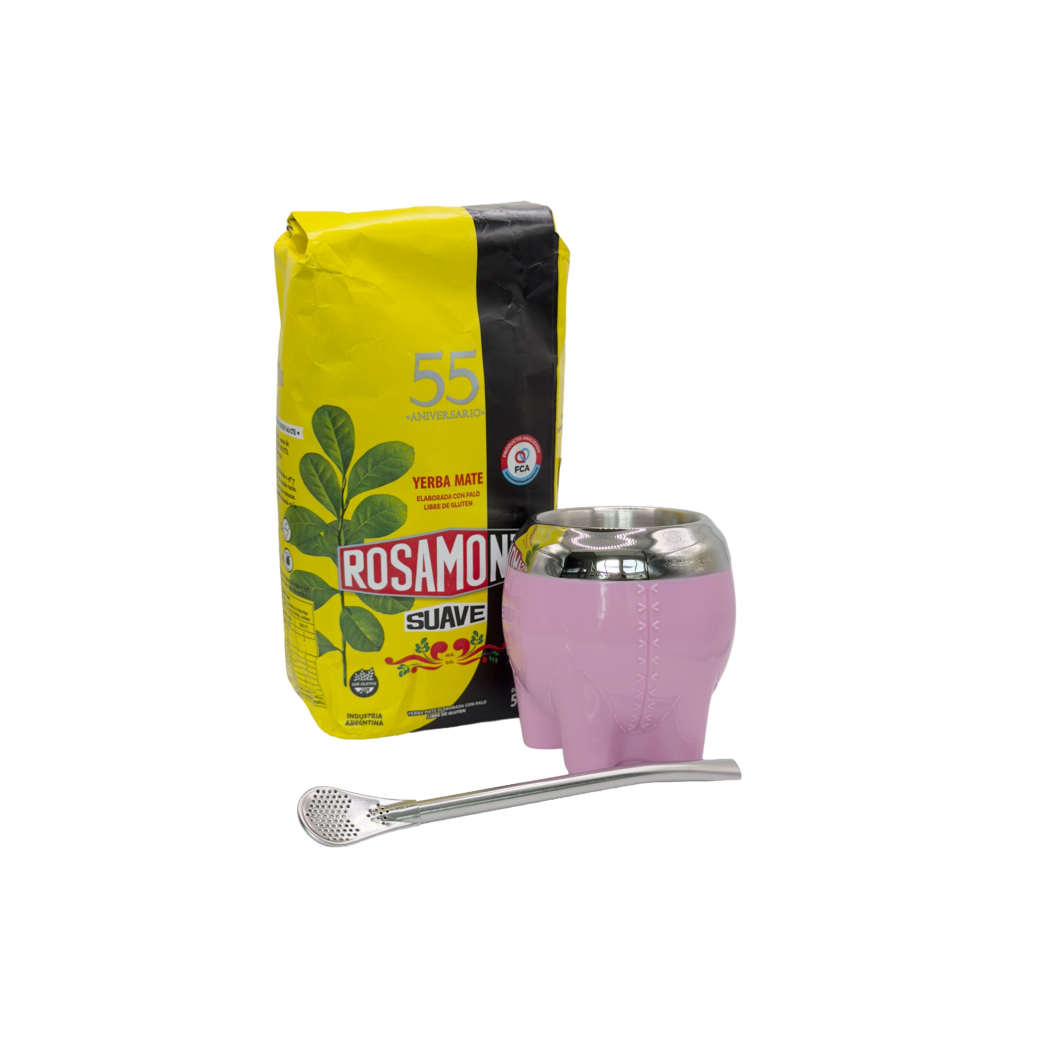 Complete Smooth Start Yerba Mate Kit featuring a Pink modern Milonga no-cure gourd, stainless steel bombilla, and Rosamonte Suave mild yerba.