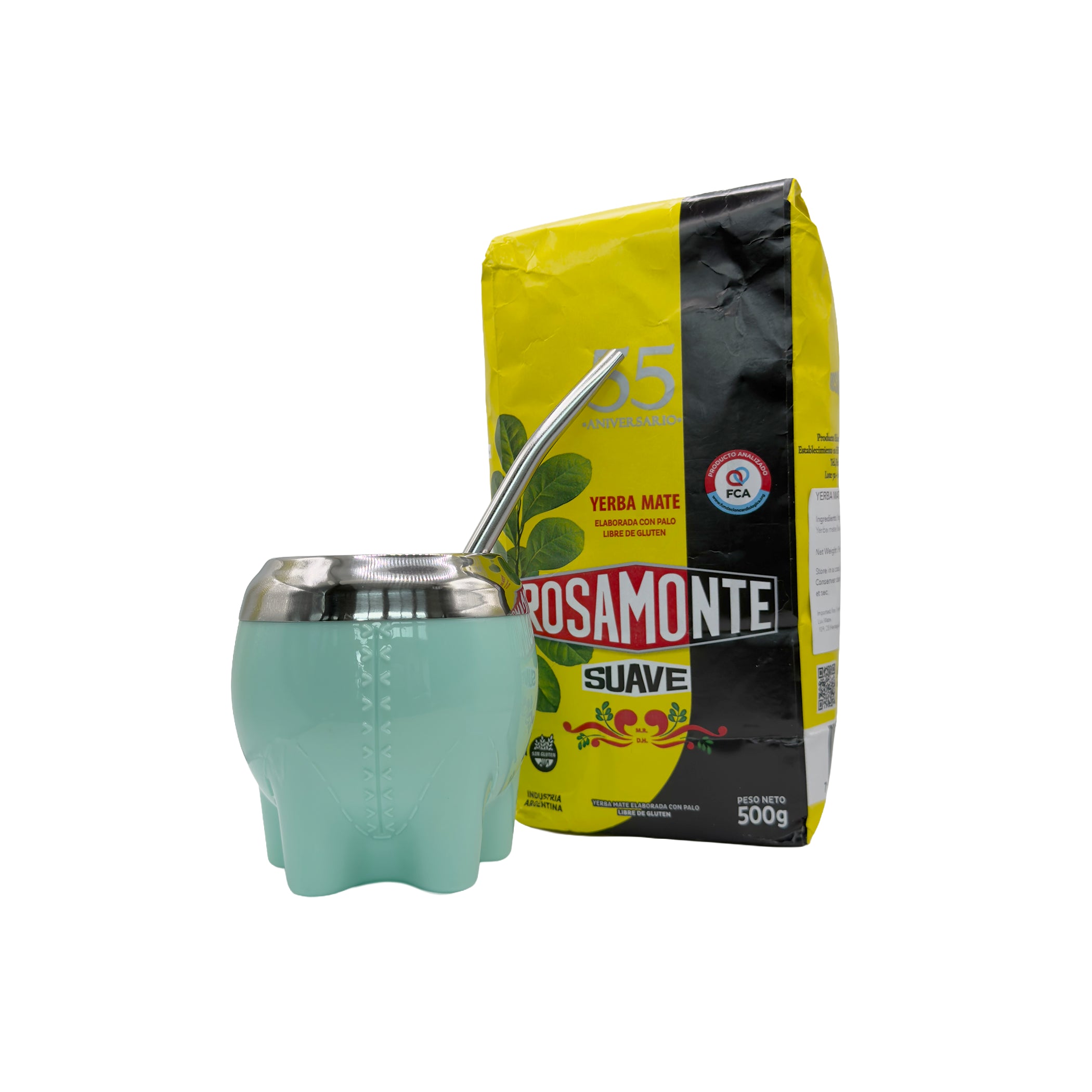 Green modern Milonga mate cup with a stainless steel bombilla inserted, standing next to a bag of Rosamonte Suave mild yerba