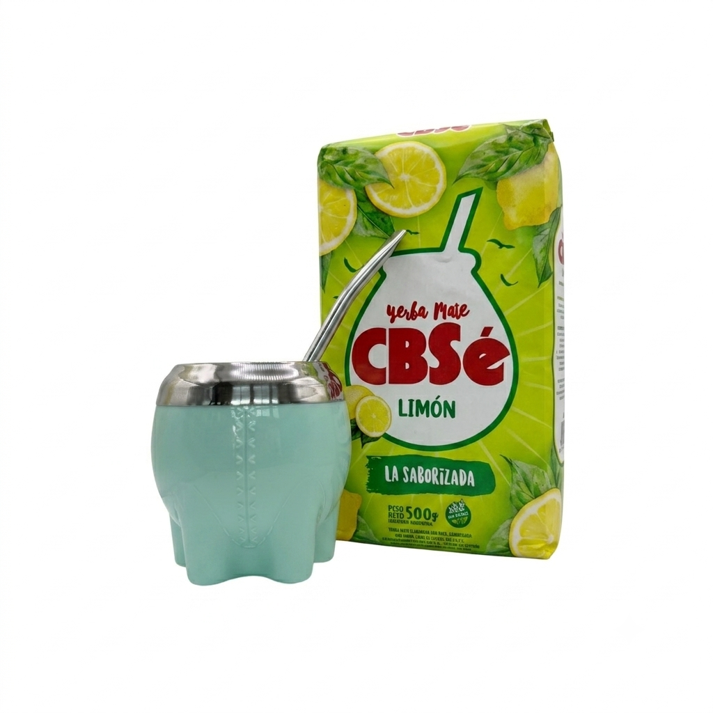 The Smooth Start Yerba Mate Set with CBSé Limón lemon flavour yerba mate, a mint green modern Milonga gourd, and a stainless steel straw.