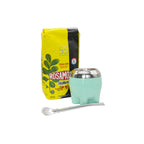 Complete Smooth Start Yerba Mate Kit featuring a Green modern Milonga no-cure gourd, stainless steel bombilla, and Rosamonte Suave mild yerba.