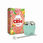 The Smooth Start Yerba Mate Set featuring a CBSé Pomelo grapefruit flavoured yerba mate packet, a mint green modern Milonga cup, and a stainless steel bombilla.