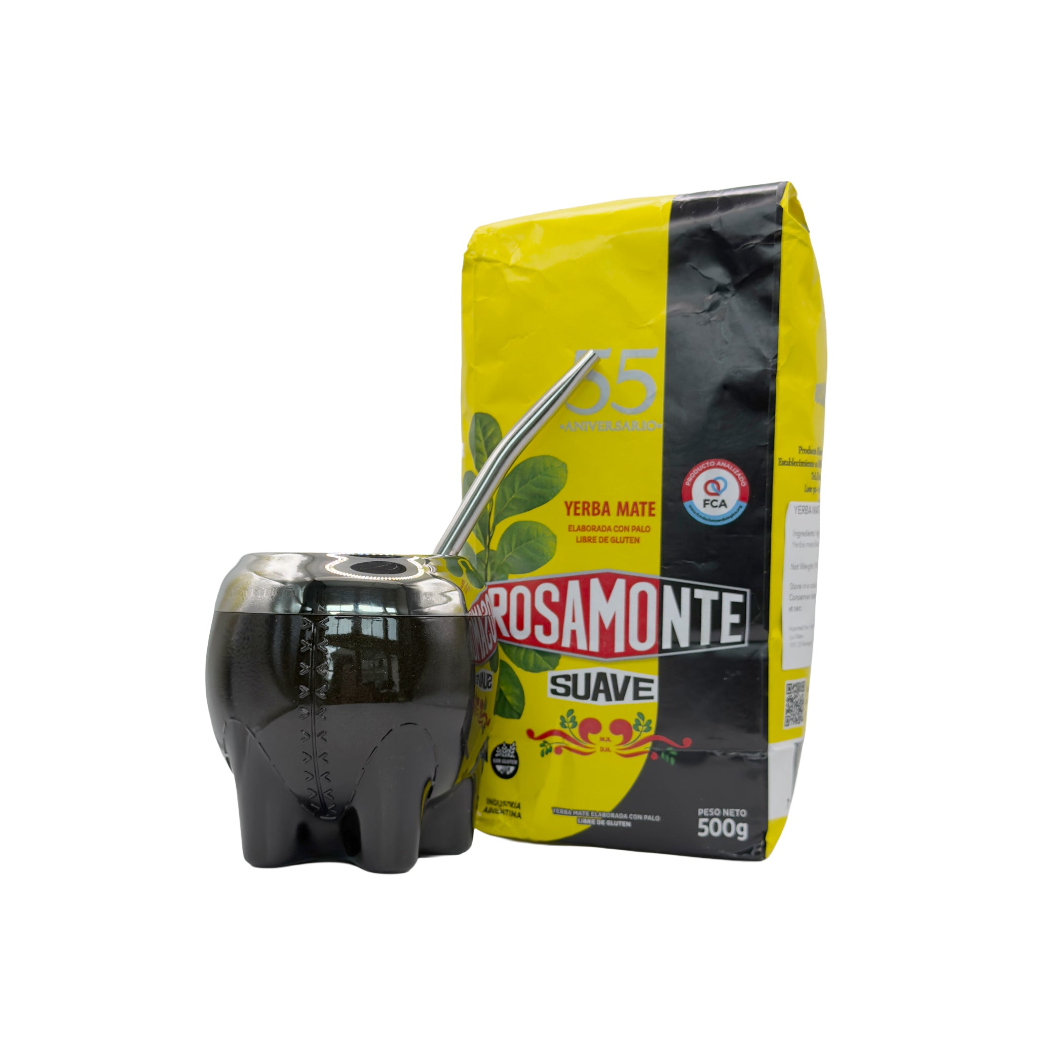 Black modern Milonga mate cup with a stainless steel bombilla inserted, standing next to a bag of Rosamonte Suave mild yerba