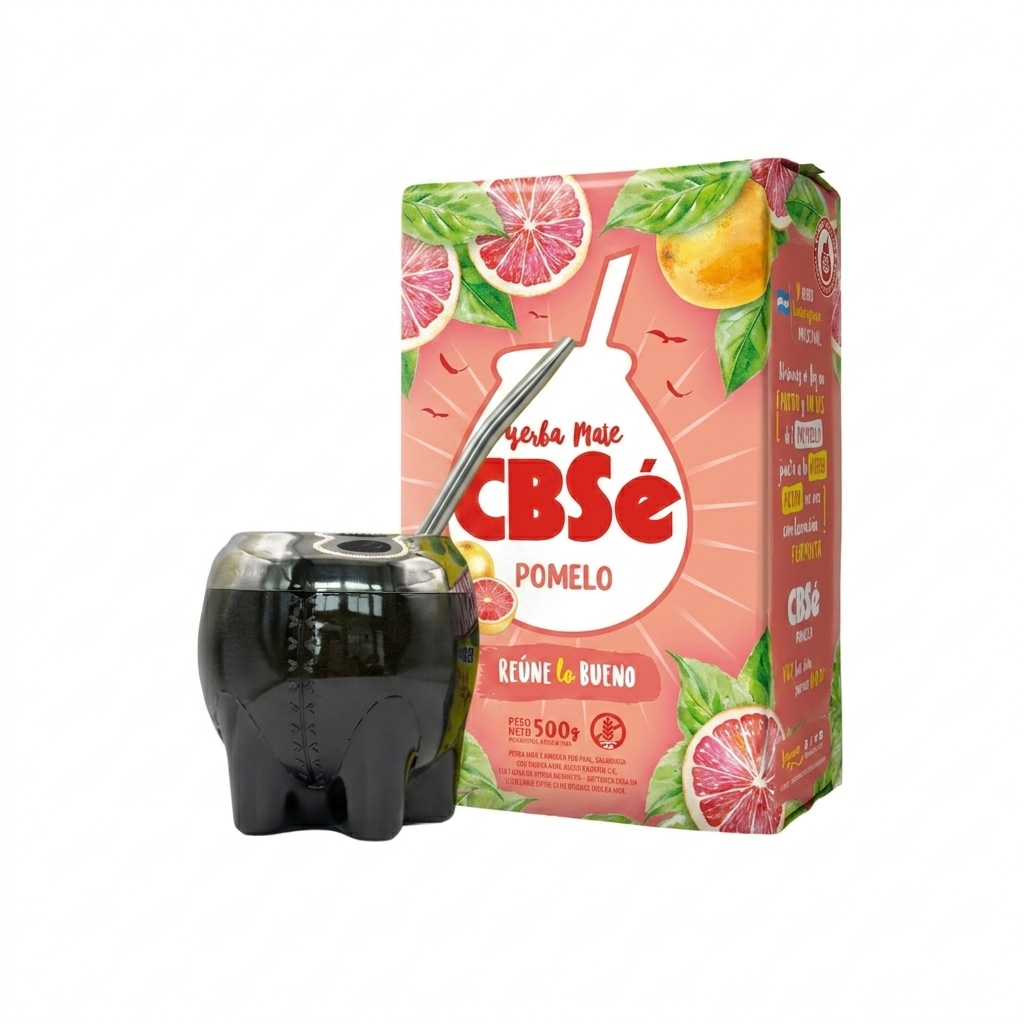 The Smooth Start Yerba Mate Set with CBSé pomelo grapefruit flavour yerba mate, a black Obsidian Milonga cup, and a bombilla.