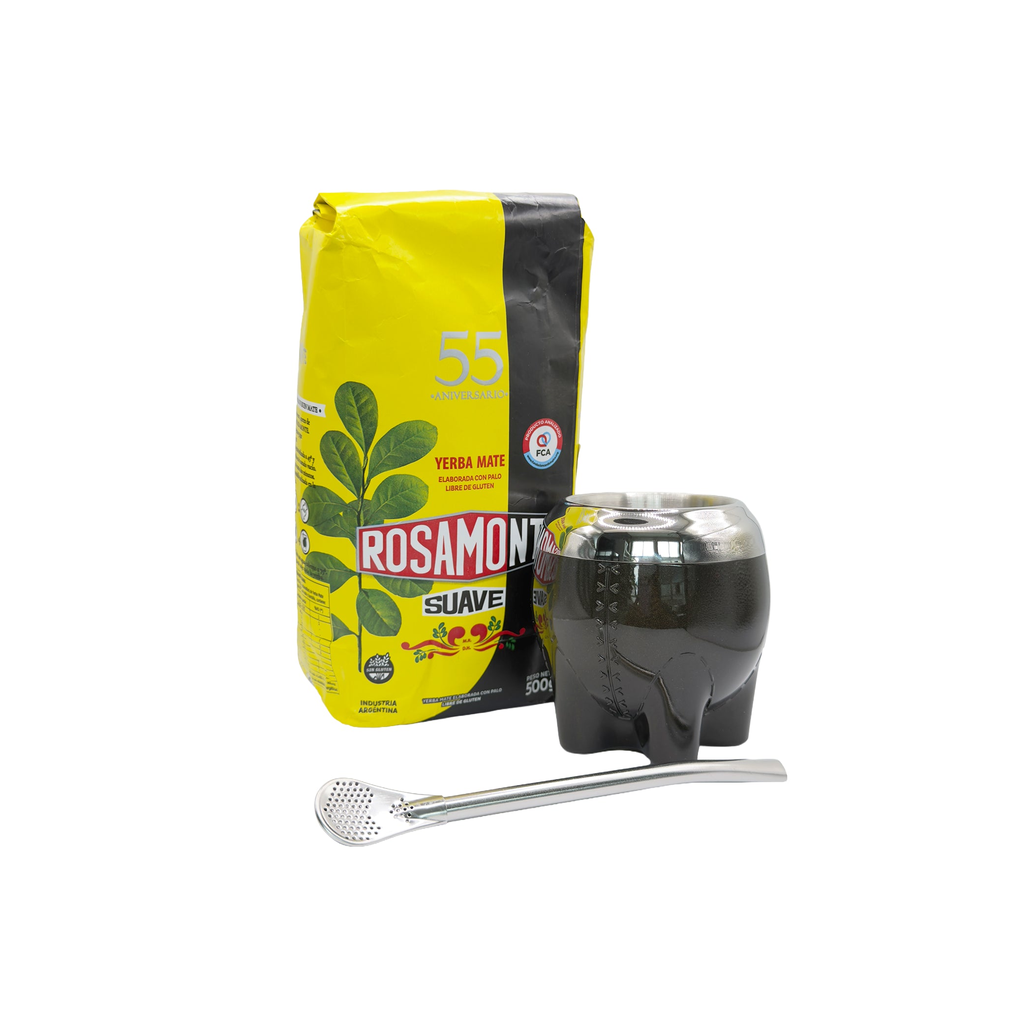 Complete Smooth Start Yerba Mate Kit featuring a Black modern Milonga no-cure gourd, stainless steel bombilla, and Rosamonte Suave mild yerba.