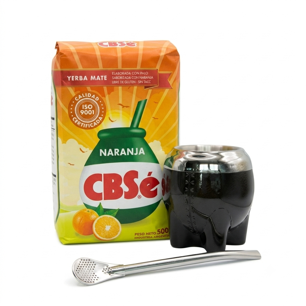 The Smooth Start Yerba Mate Set featuring CBSé Naranja orange flavour yerba mate, a black Obsidian modern Milonga cup, and a bombilla straw.