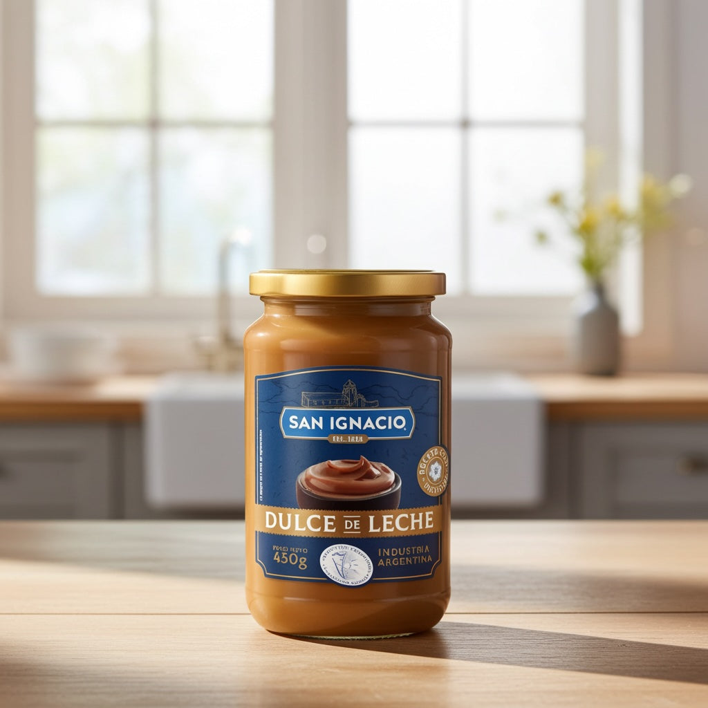 A jar of San Ignacio Dulce de Leche Traditional (450g) in a soft-focus kitchen counter setting.