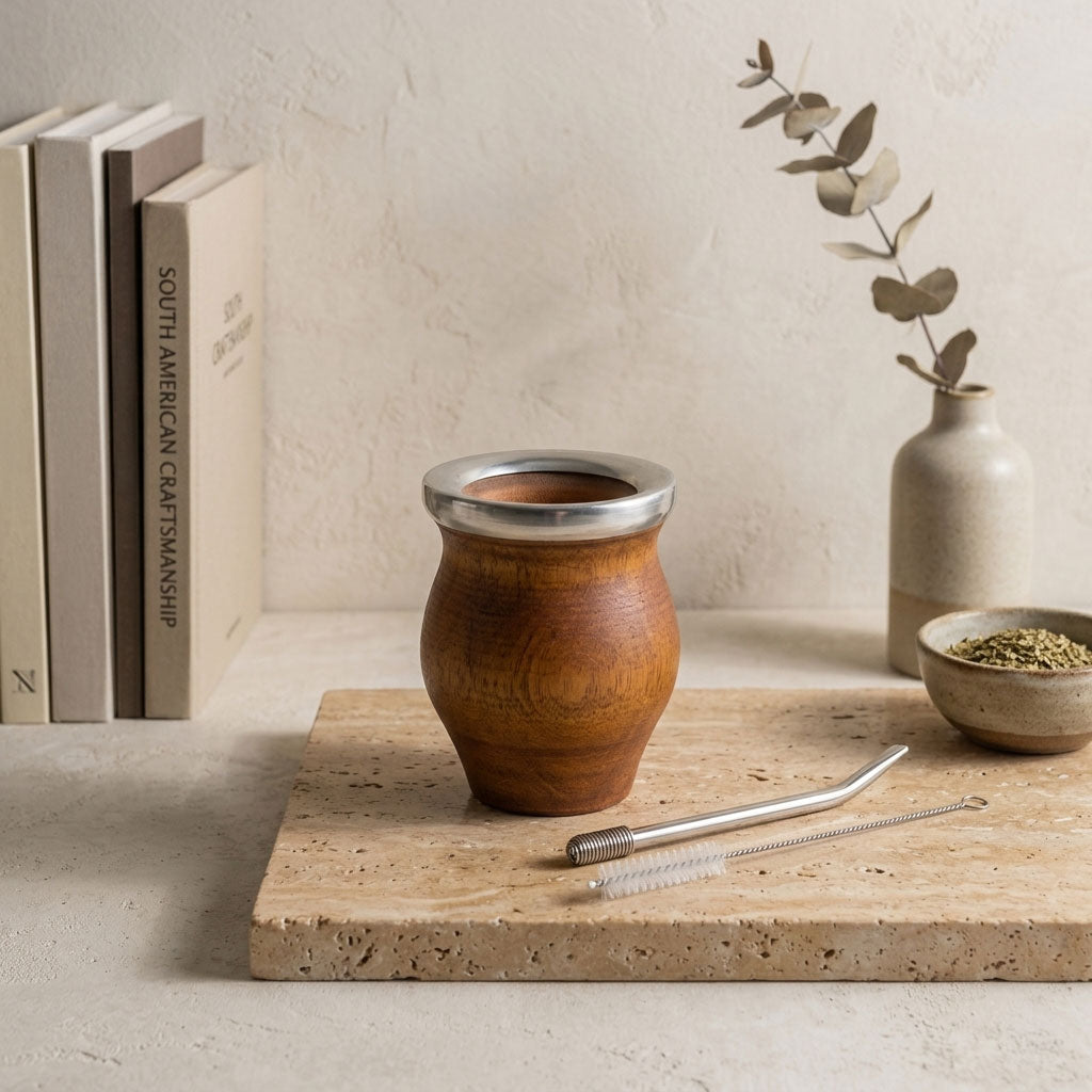 Tonada wooden mate gourd set with stainless steel rim, matching bombilla (straw), and cleaning brush on a travertine board, presented with yerba mate and books.