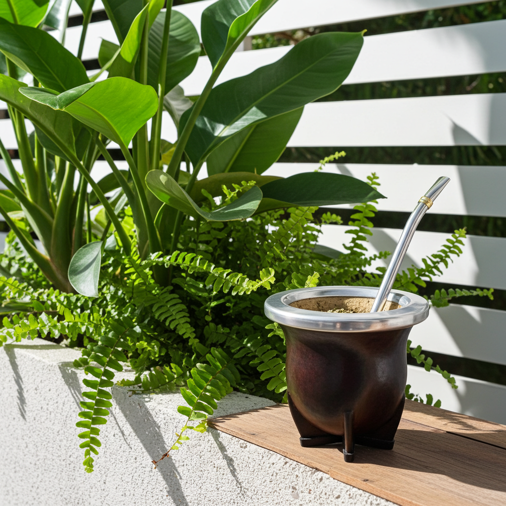 Traditional mate gourd and bombilla in a sunlit garden on a wooden deck.