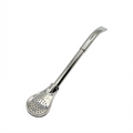 A full view of the Uruguay Bombilla, handcrafted from high-polish alpaca silver. It features a classic pico de loro curved mouthpiece and an integrated spoon filter against a white background.