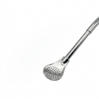Detailed view of the spoon filter grid on the Uruguay bombilla, highlighting the bright, highly polished finish of the authentic alpaca silver.