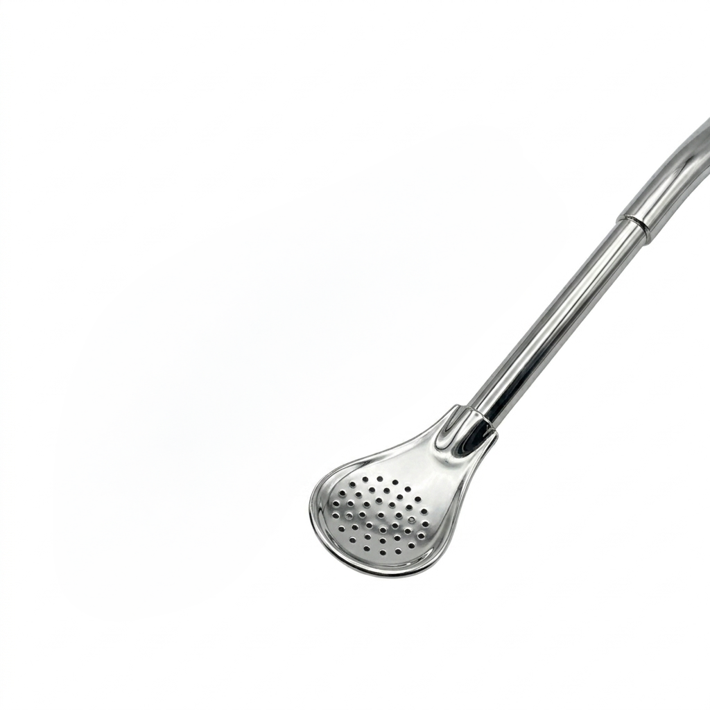Detailed view of the spoon filter grid on the Uruguay bombilla, highlighting the bright, highly polished finish of the authentic alpaca silver.