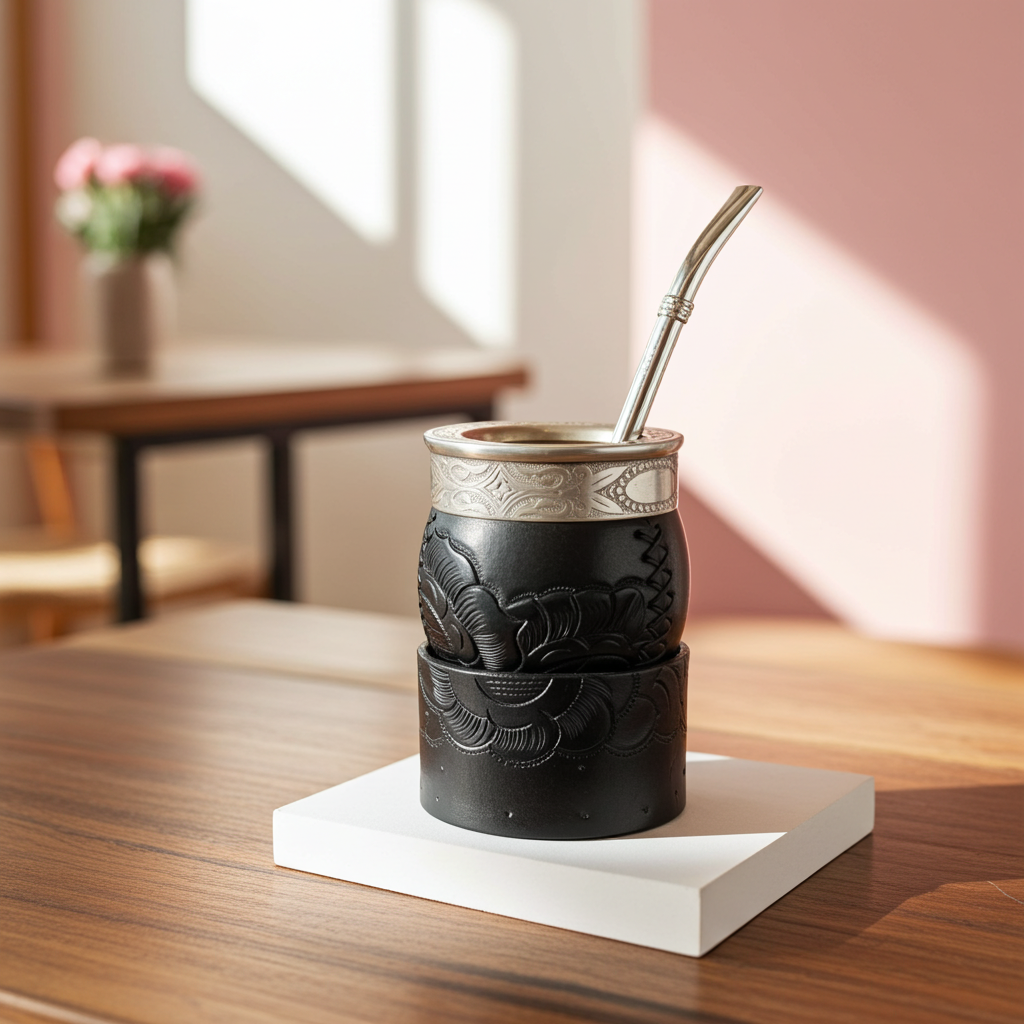 Premium Firmeza Imperial Criollo mate gourd in black hand-tooled leather with a chiseled Alpaca rim and silver bombilla straw.