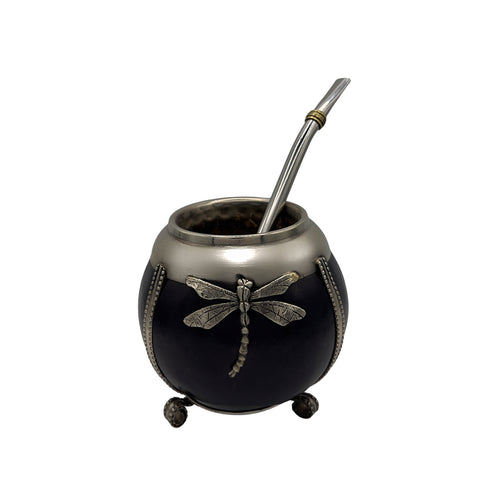 Baguala Artisan Mate Gourd Set featuring a natural gourd body, a hand-carved dragonfly alpaca silver rim, and a matching tripod base with a stainless steel bombilla.