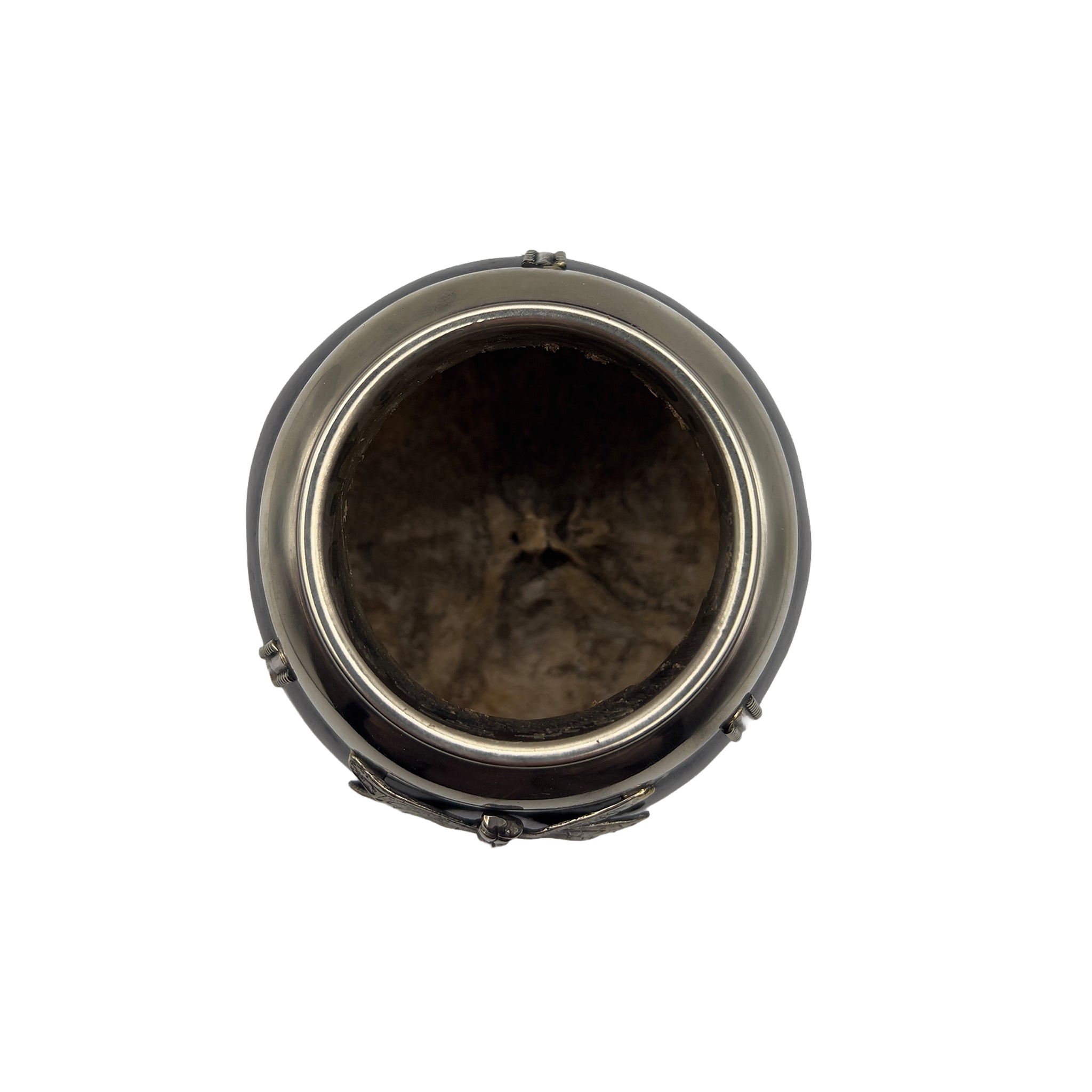Top-down view of the Baguala artisan mate showing the authentic natural gourd interior and the polished alpaca silver rim.
