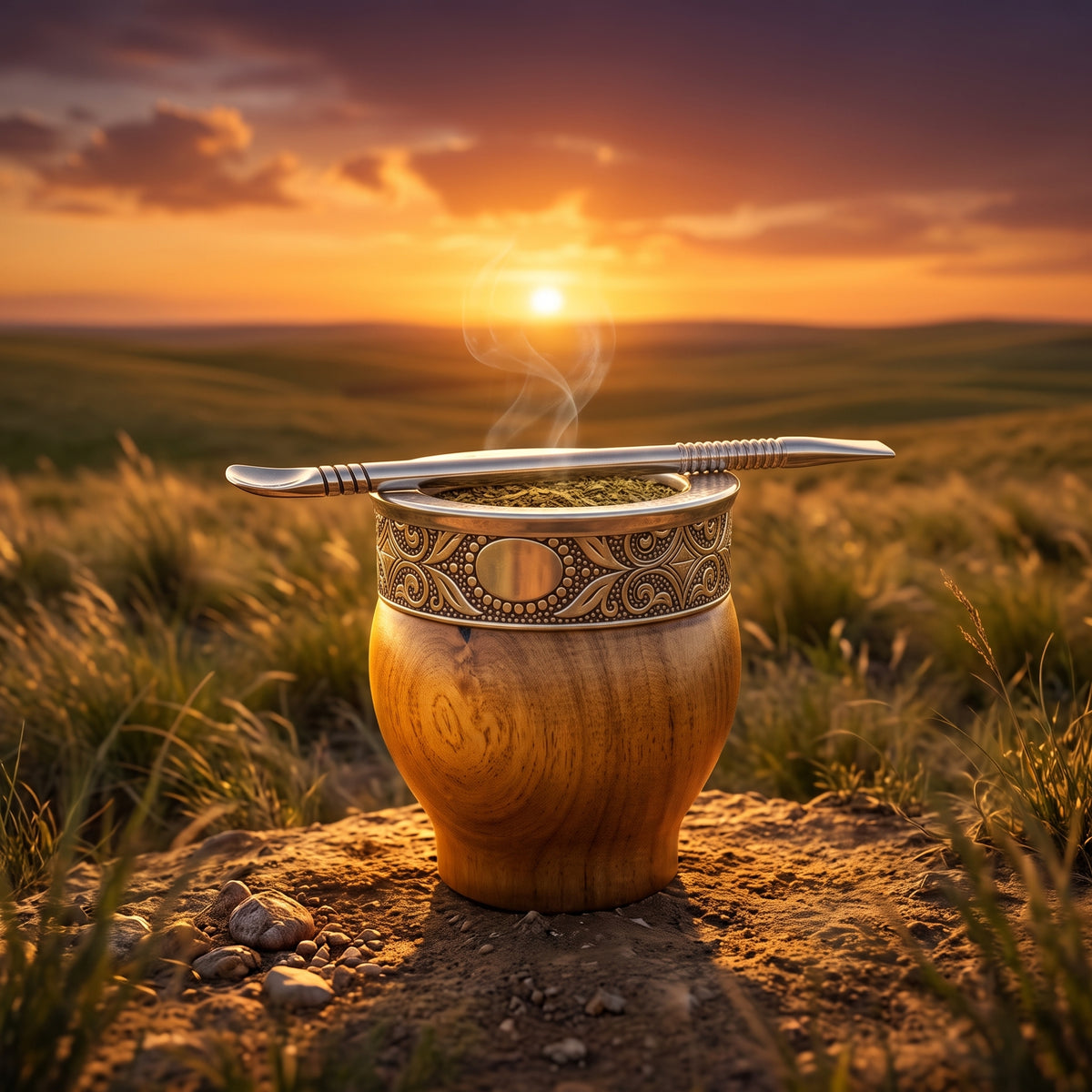 Silver Cañada alpaca mate bombilla resting across a carved wooden mate cup in a grassy field at golden hour.