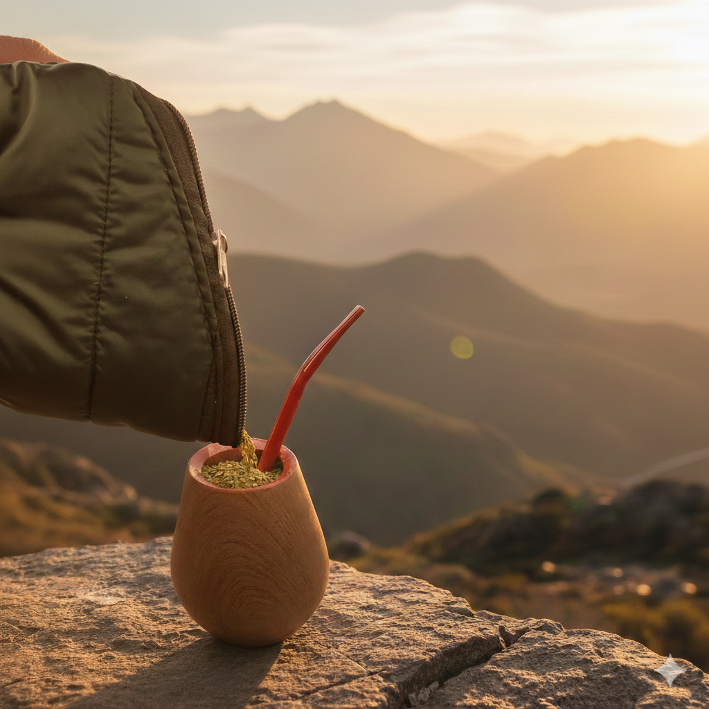 A Forest Green Brisa pouch being used during a mountain hike, blending perfectly with the natural outdoor landscape.