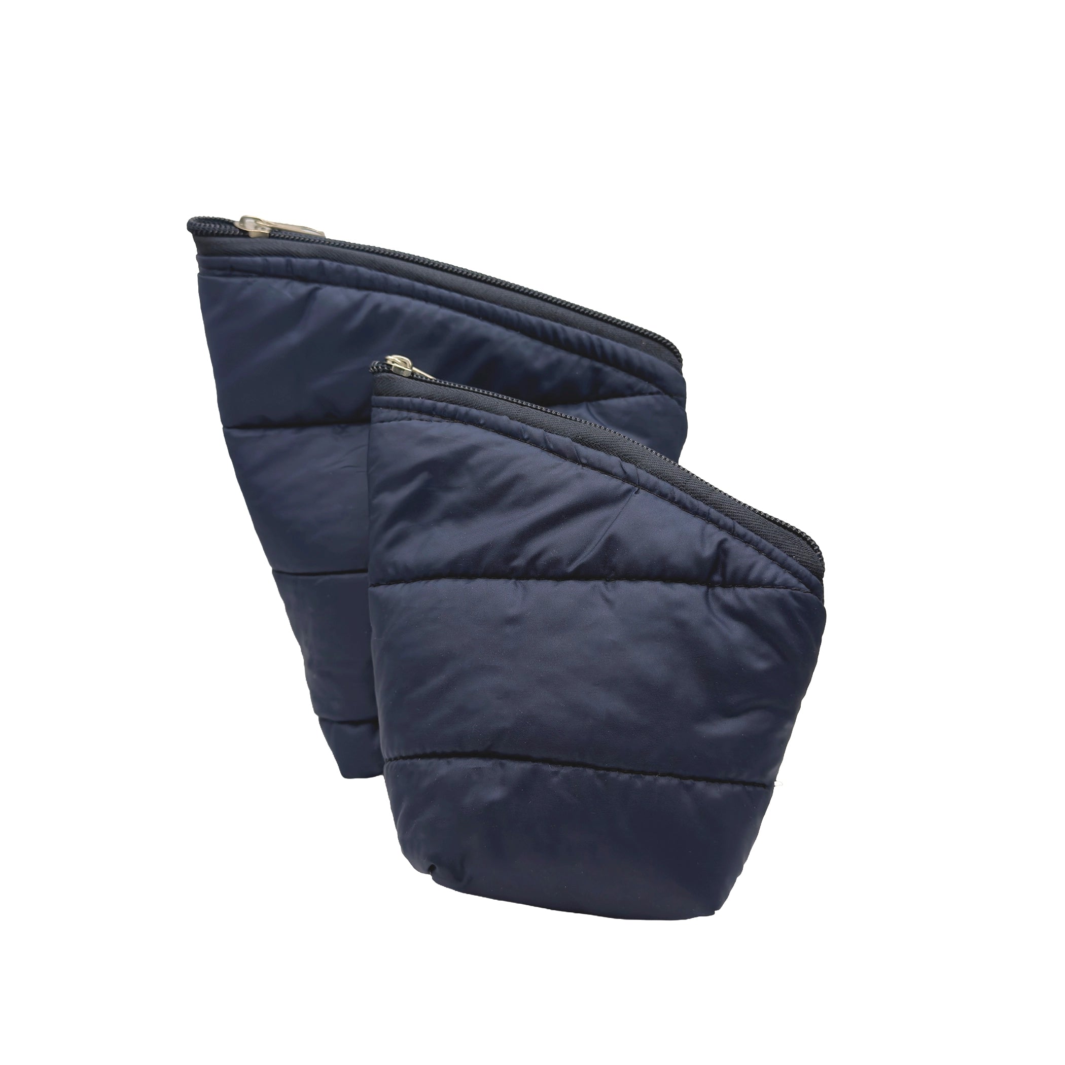 Two dark navy blue quilted puffer pouches standing upright against a plain background, with the smaller pouch positioned slightly in front of the larger one.