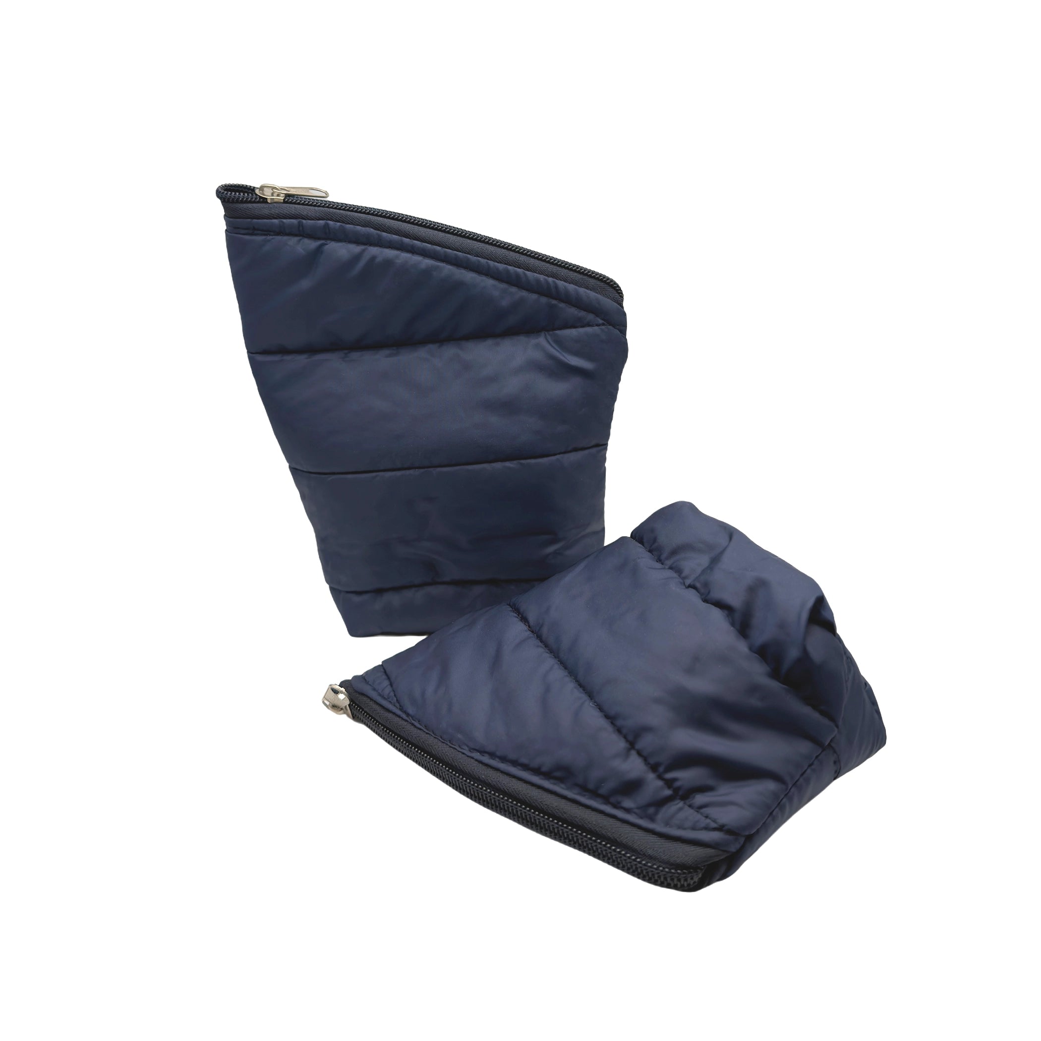 Two dark navy blue quilted puffer pouches against a plain white background, with the larger pouch standing upright and the smaller one lying flat in front of it.