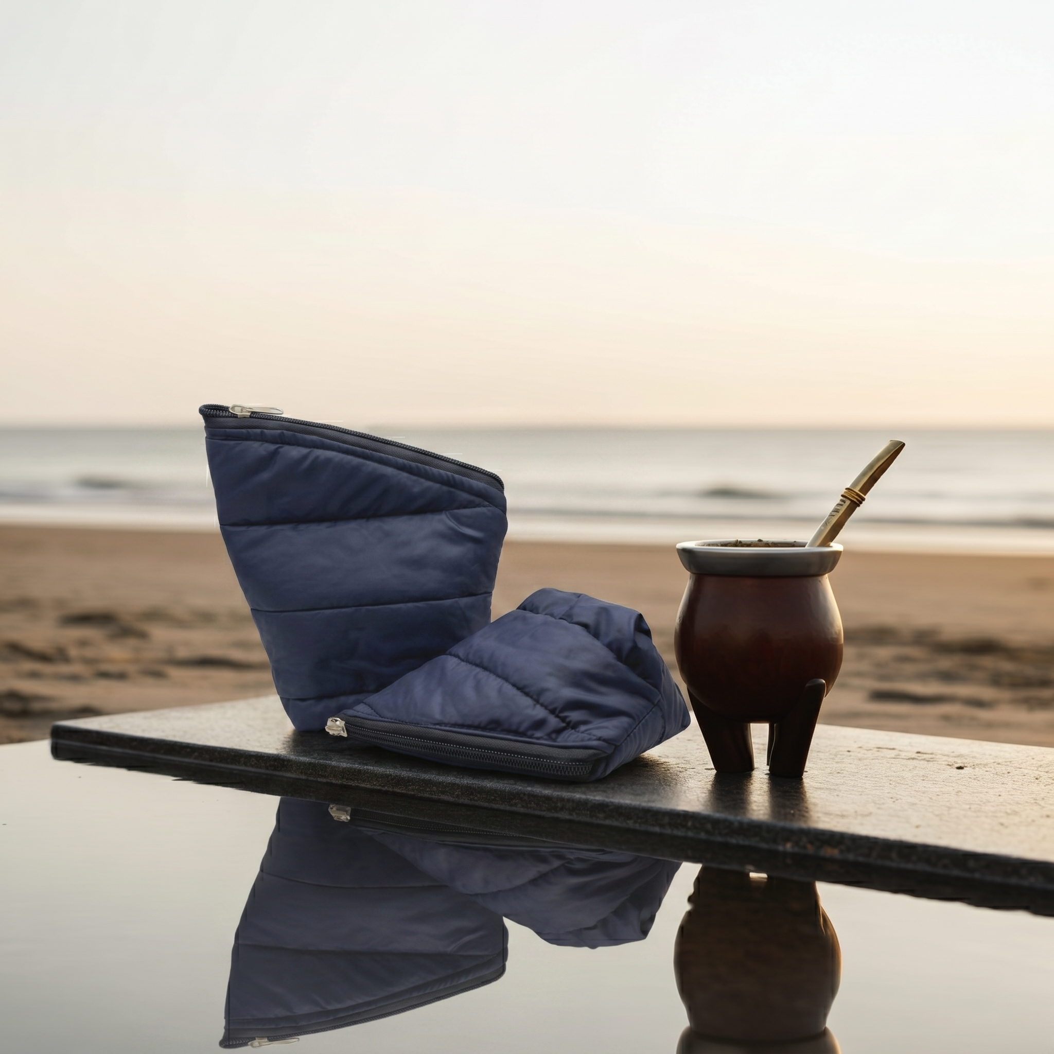 A lifestyle product image in a rounded frame showing two navy blue quilted puffer pouches placed next to a traditional wood and metal mate gourd with a bombilla straw. The items are resting on a dark reflective surface, with a calm beach and sunset sky in the background.