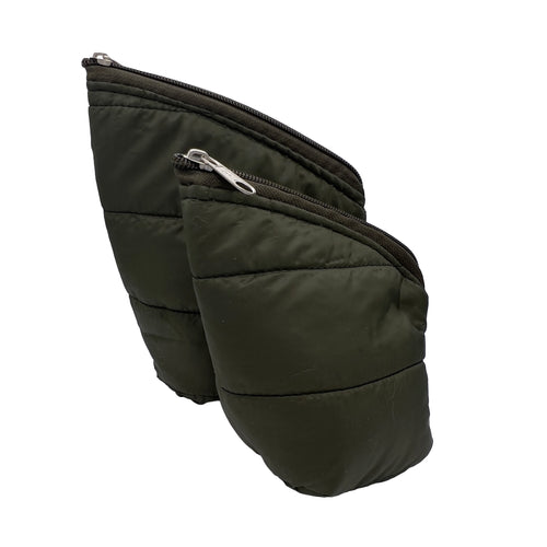 Main view of the Brisa set featuring two forest green quilted nylon pouches, a perfect lightweight solution for yerba mate and herbal blends.