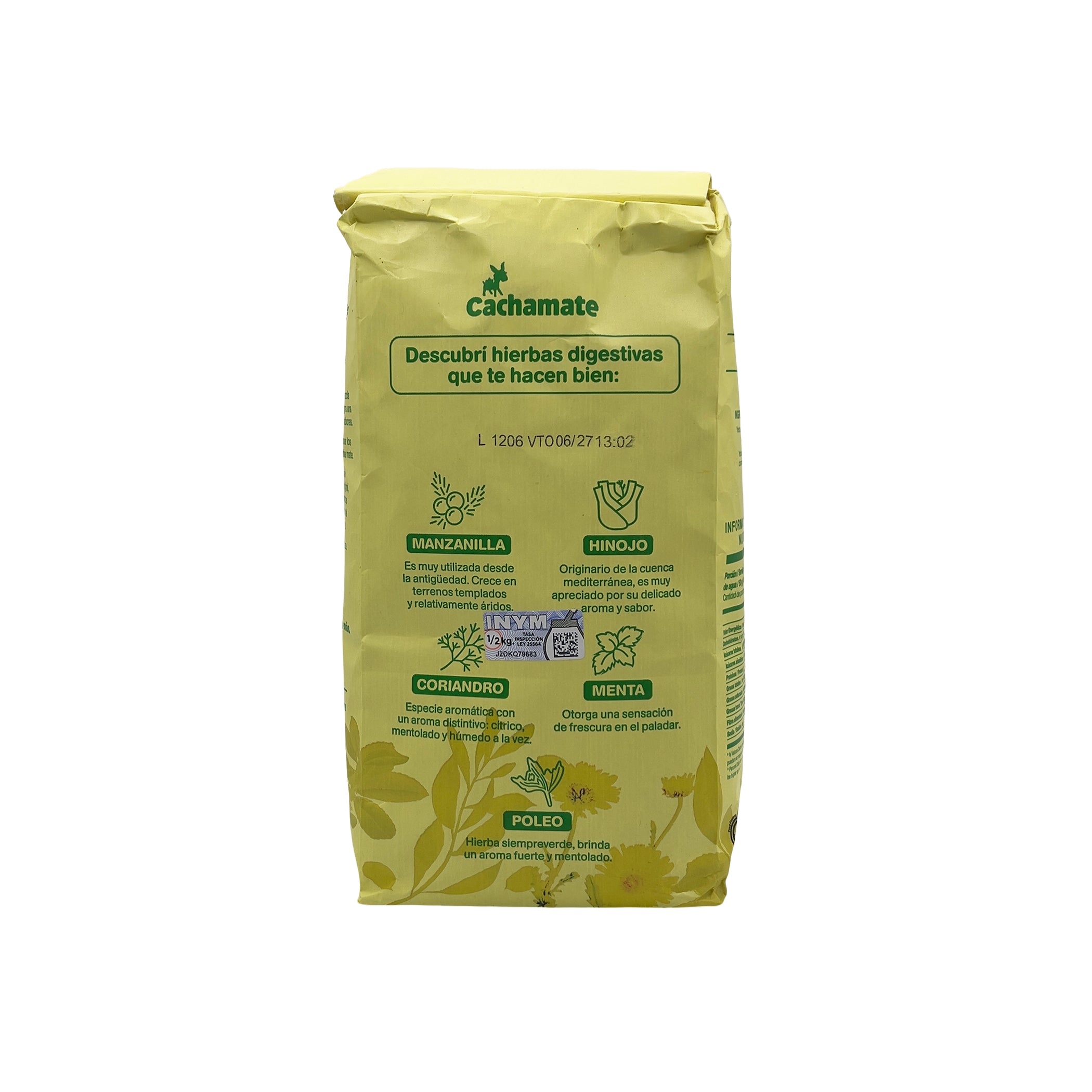 Back of Cachamate Hierbas Digestivas packaging highlighting the benefits of its herbal components for healthy digestion.