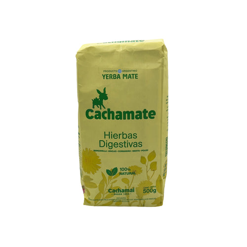 Front view of Cachamate Hierbas Digestivas (500g), an Argentine yerba mate blend with digestive herbs like chamomile and mint.