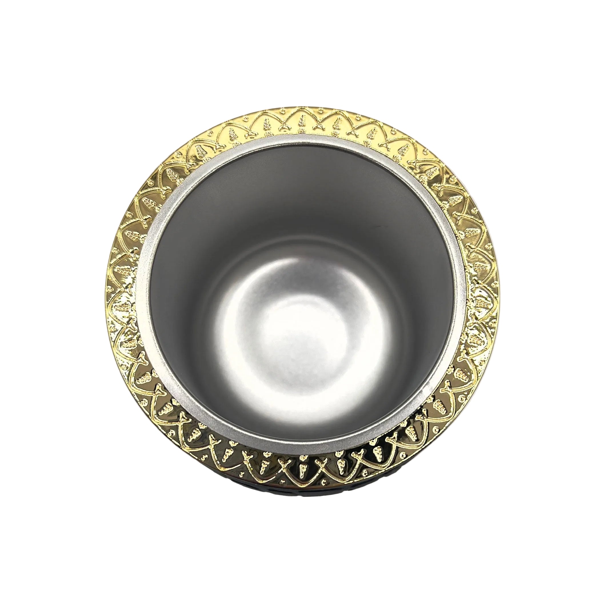 Top-down view of the Chacarera mate gourd showcasing the hygienic stainless steel interior and the decorative golden rim design