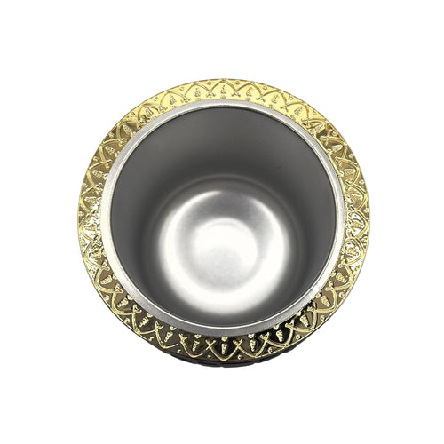 Top-down view of the Chacarera mate gourd showcasing the hygienic stainless steel interior and the decorative golden rim design