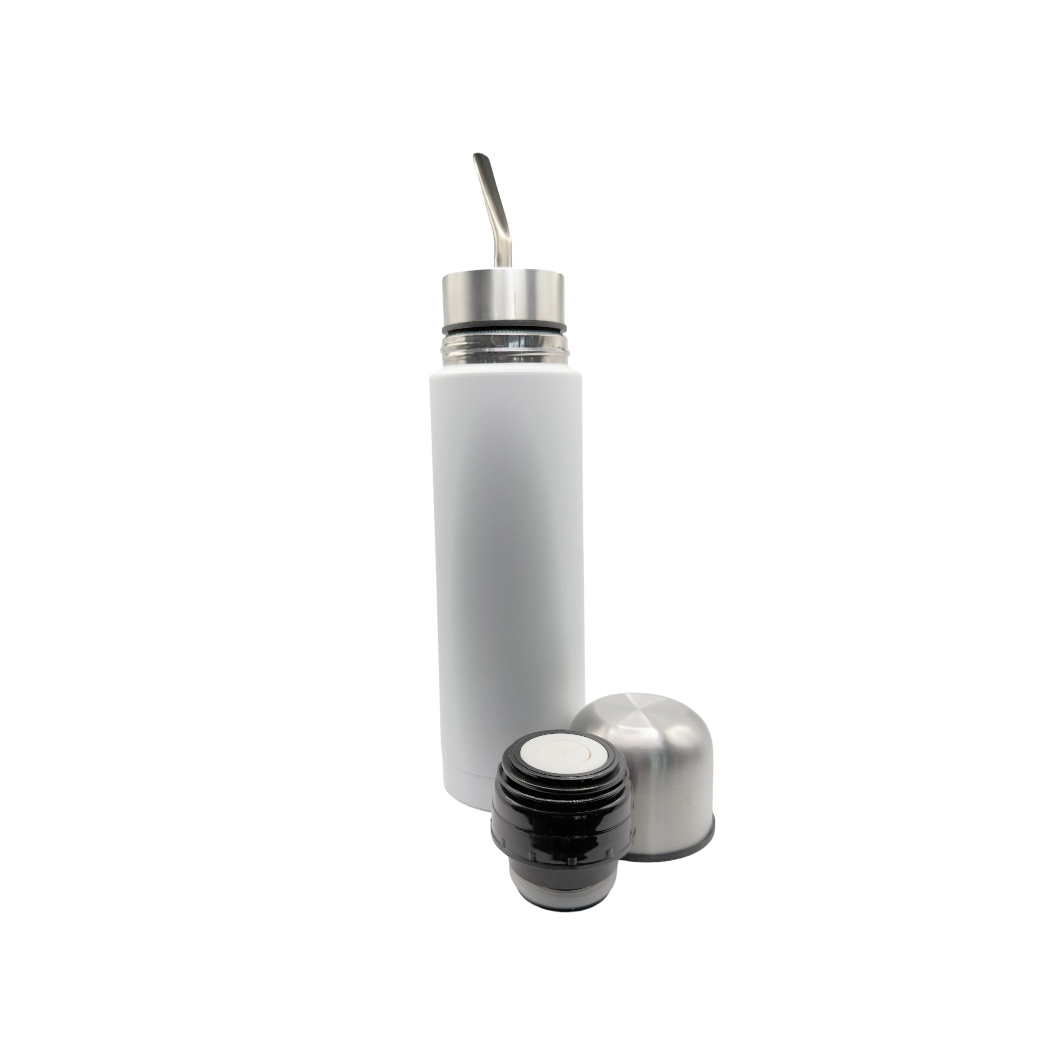 An elegant, matte white insulated flask meticulously designed for yerba mate drinkers, featuring a unique integrated bombilla spout. Disassembled views of the silver cap and black pourer highlight its sleek functionality