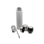 A fully disassembled view of the elegant matte white mate thermos, revealing its premium stainless steel components. The layout displays the main flask, internal infuser basket, filter straw, black push-button stopper, and silver cup, highlighting its sophisticated and easy-to-clean modular design.