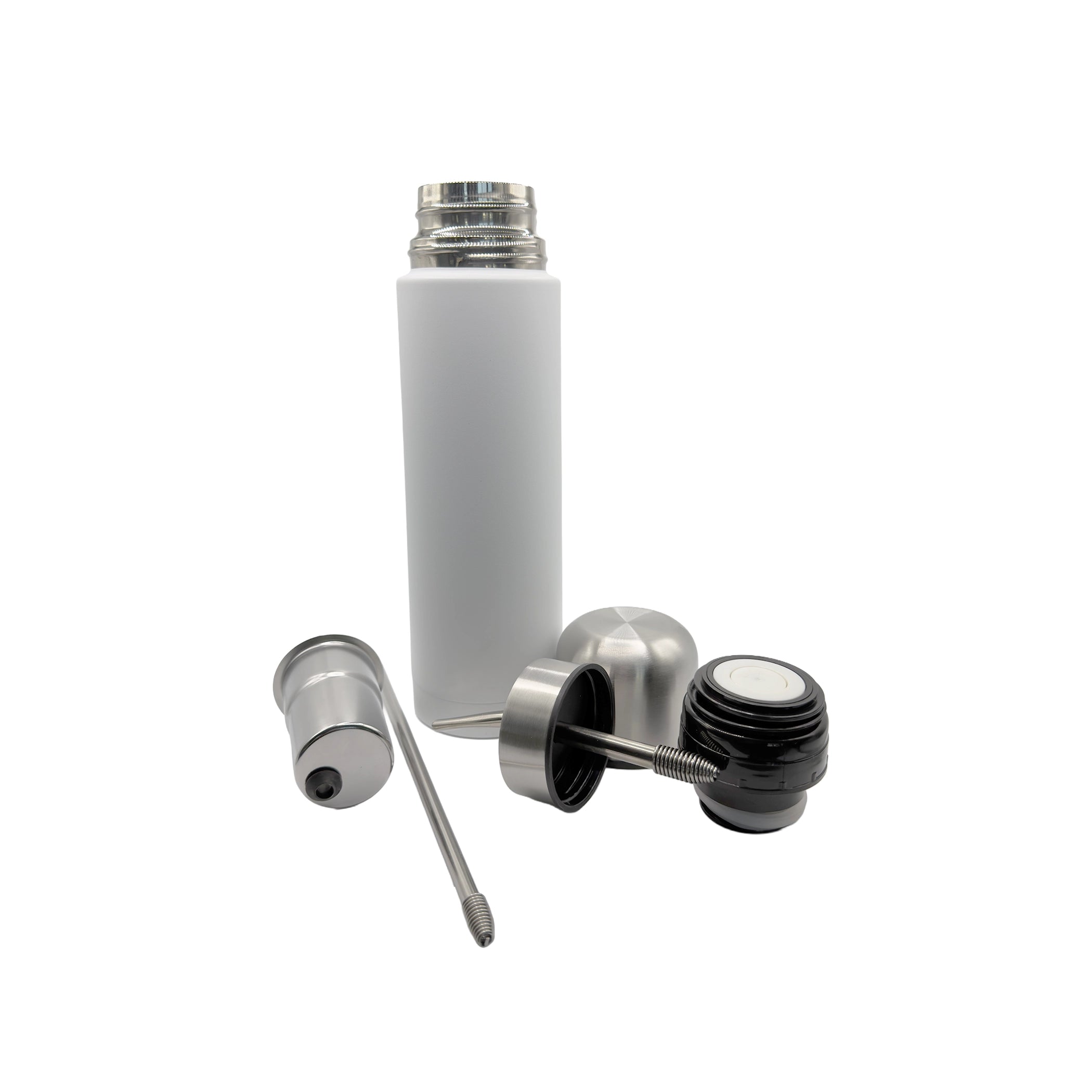 A fully disassembled view of the elegant matte white mate thermos, revealing its premium stainless steel components. The layout displays the main flask, internal infuser basket, filter straw, black push-button stopper, and silver cup, highlighting its sophisticated and easy-to-clean modular design.