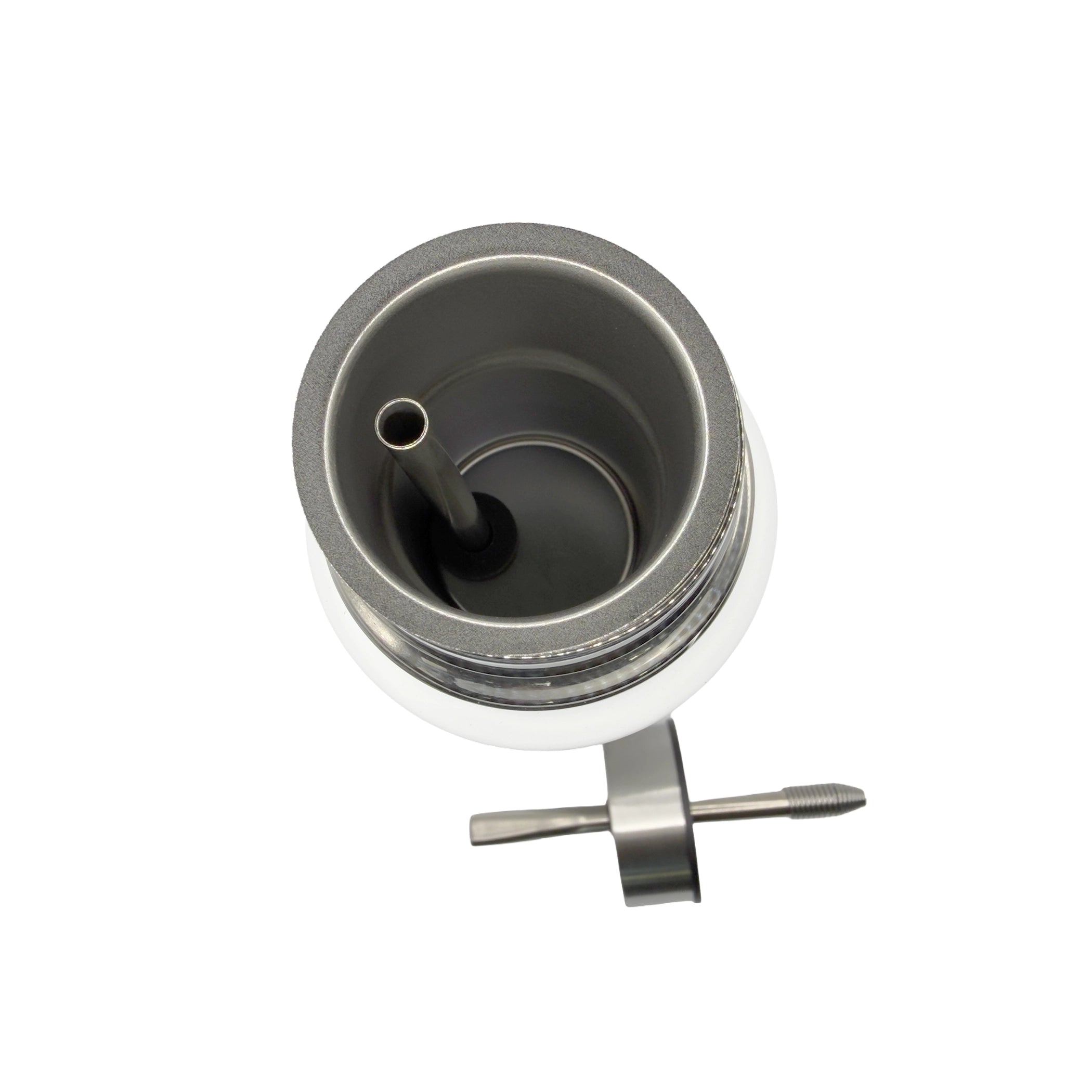 A top-down view into the premium double-walled stainless steel interior of the white mate thermos. The internal metal straw tube is visible inside the clean chamber, with the specialized sipping lid resting beside the flask.