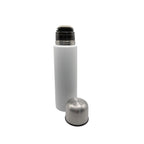 A premium matte white mate thermos standing upright, featuring a secure black push-button pouring stopper at the top. The sleek stainless steel outer cap, which doubles as a drinking cup, rests cleanly at the base.