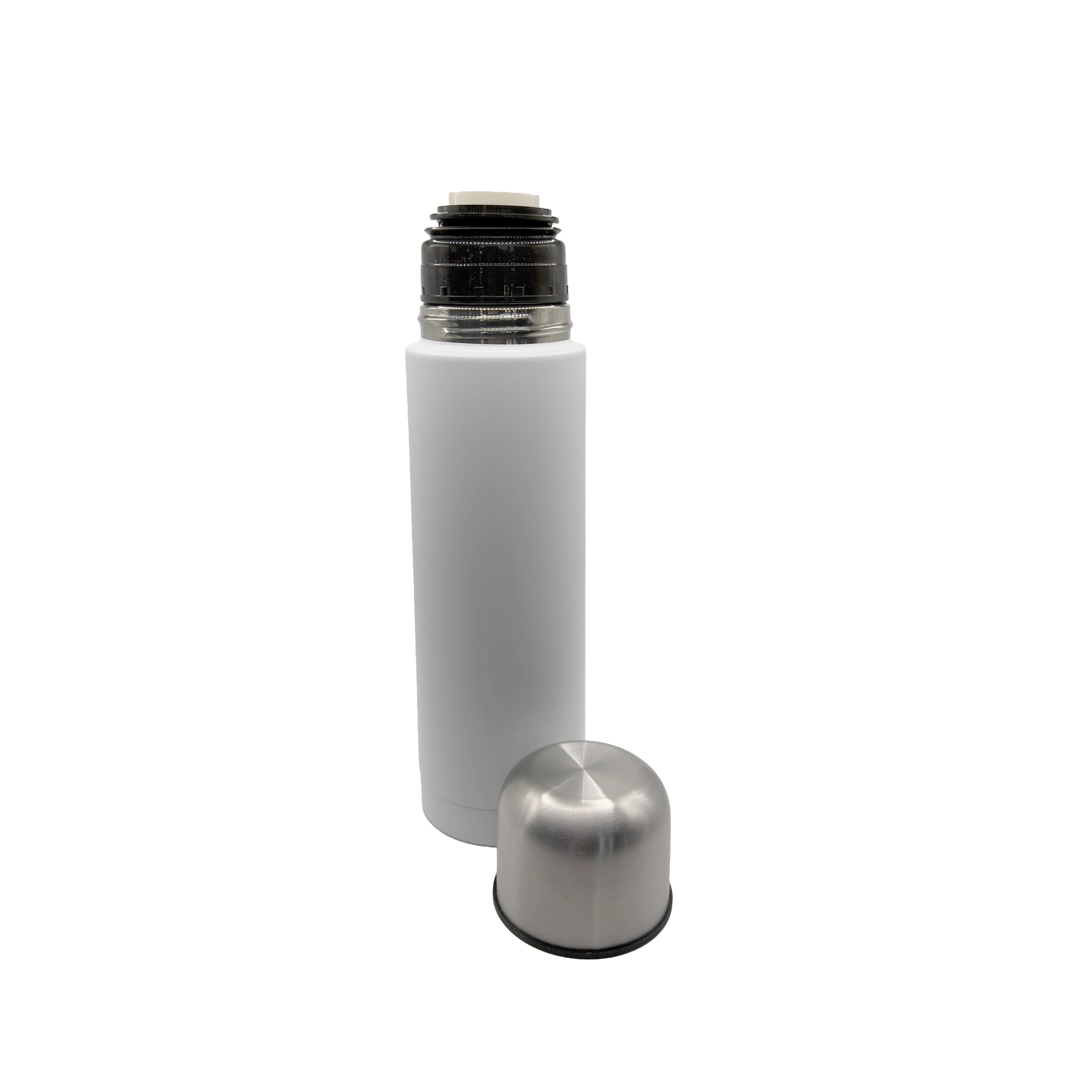 A premium matte white mate thermos standing upright, featuring a secure black push-button pouring stopper at the top. The sleek stainless steel outer cap, which doubles as a drinking cup, rests cleanly at the base.