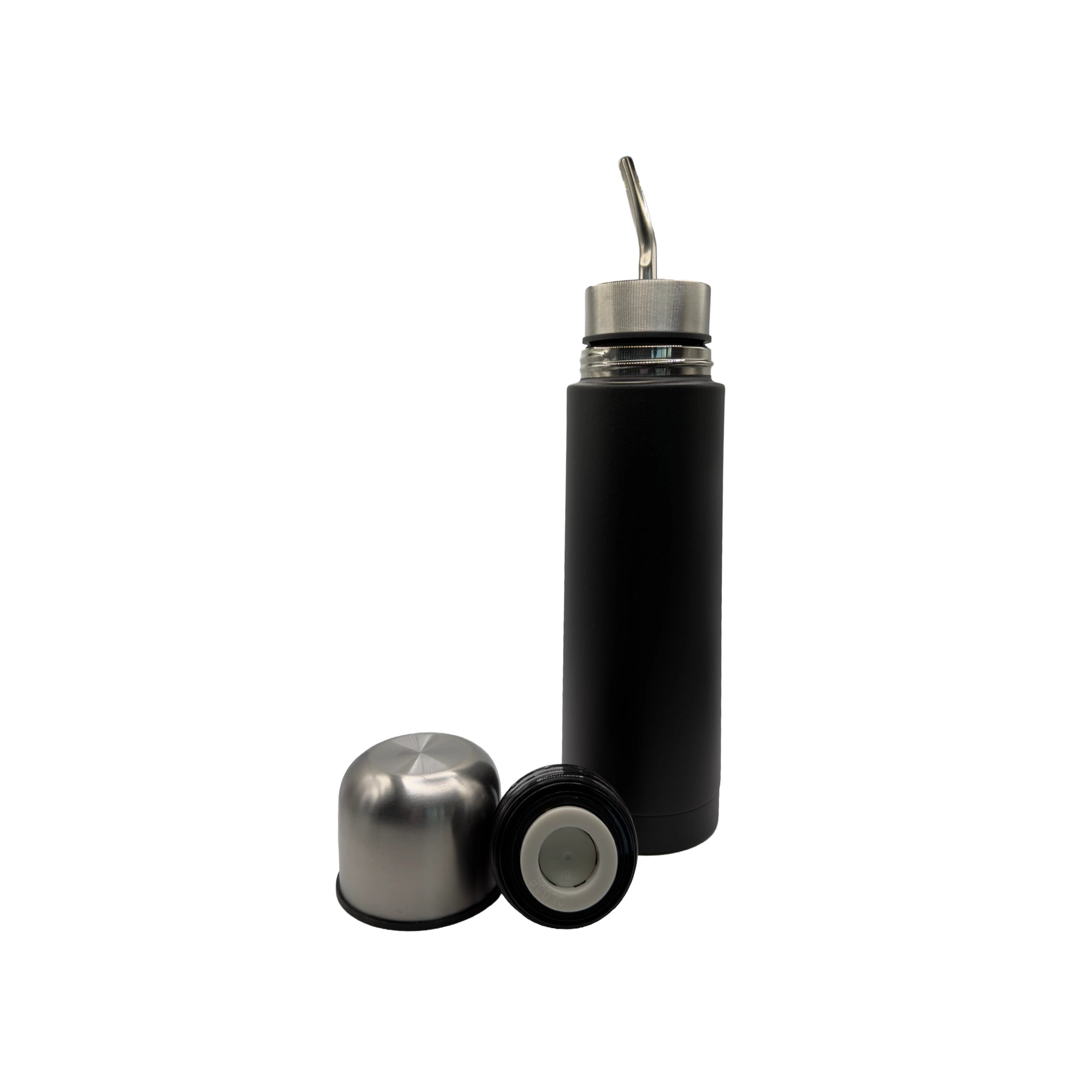 A sleek, matte black insulated mate flask featuring an integrated stainless steel bombilla spout. The detachable silver outer cap and the black push-button pouring stopper rest at the base, showcasing its versatile design.