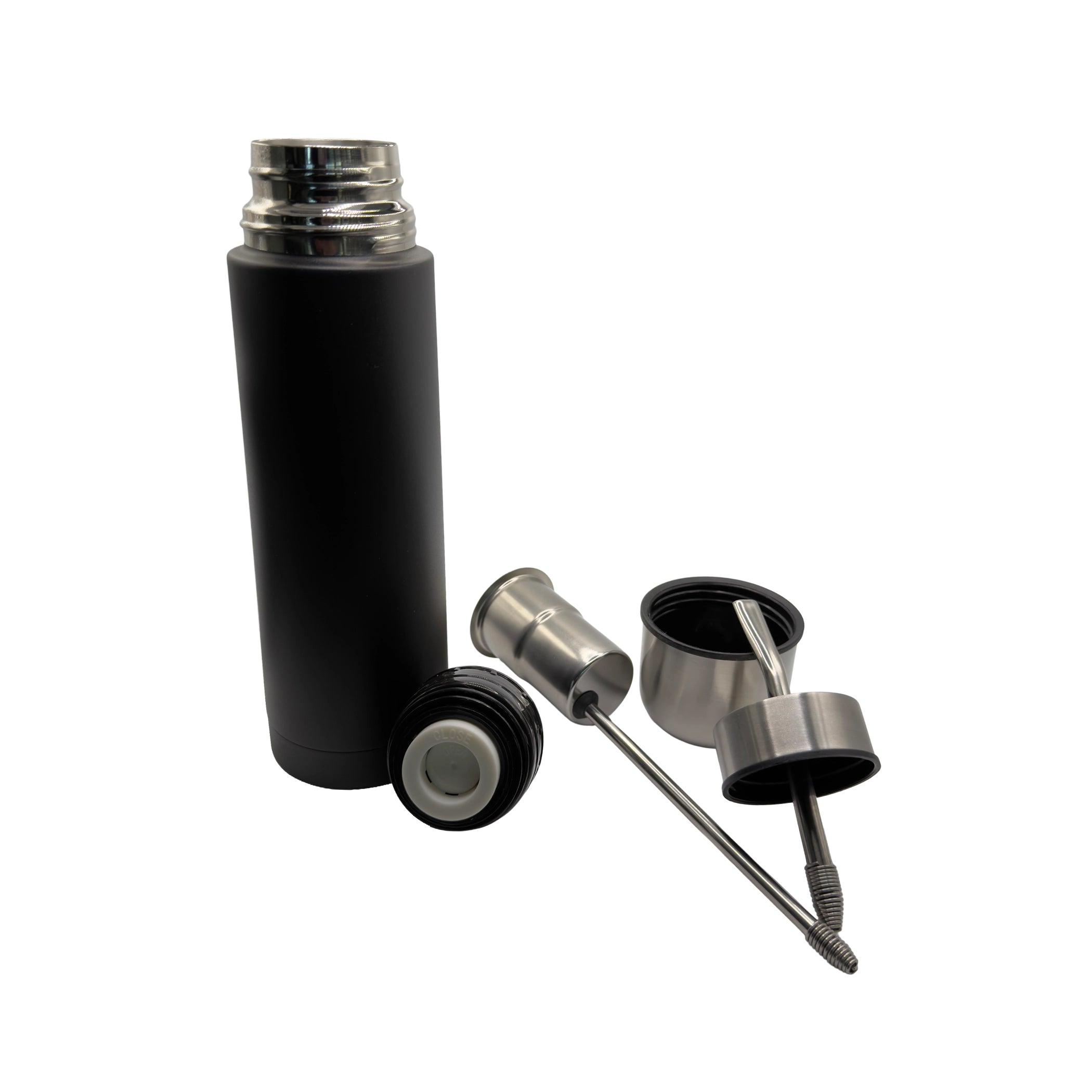 A completely disassembled view of the premium matte black mate thermos. The open flask is displayed alongside all of its removable parts: the black push-button pouring stopper, the stainless steel yerba infuser basket, the outer silver cup, and the specialized lid with the integrated bombilla straw, highlighting its fully modular and easy-to-clean design.
