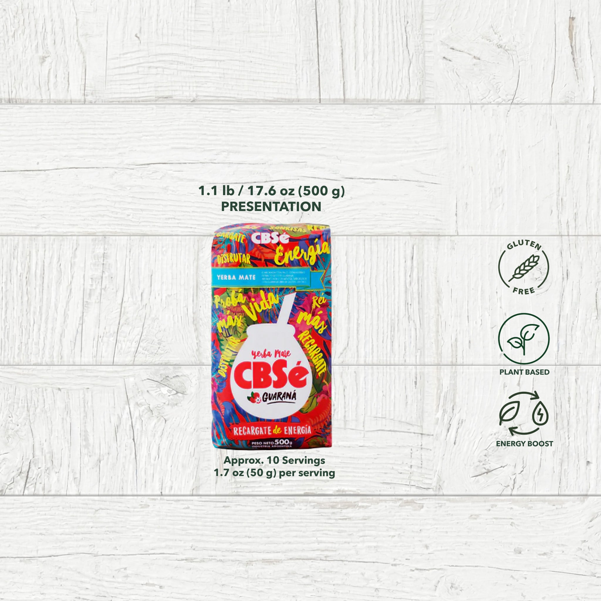 CBSé Guaraná Amazonian energy yerba mate 500g (1.1 lb) package on a white wood background with serving size details and gluten-free, plant-based, and energy boost icons.