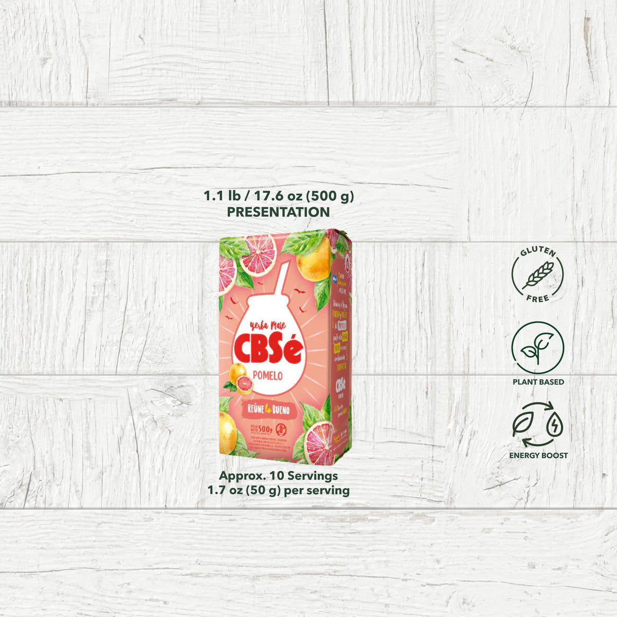 CBSé Pomelo fresh grapefruit yerba mate 500g (1.1 lb) package on a white wood background with serving size details and gluten-free, plant-based, and energy boost icons.