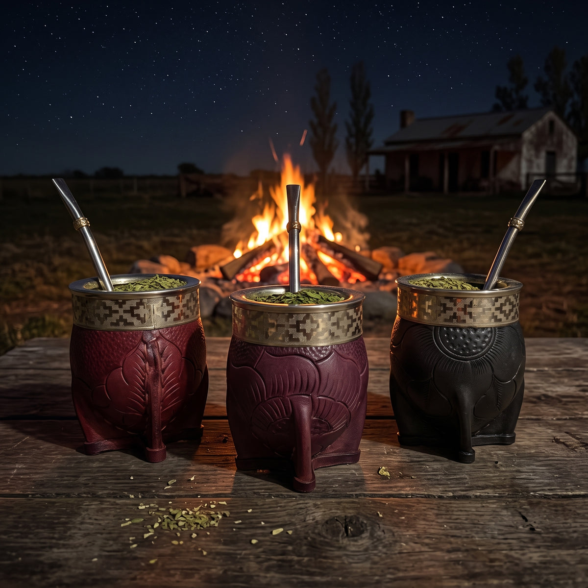 Three Bailecito hand-embossed leather Imperial mate gourds in burgundy and black filled with yerba mate and stainless steel bombillas, resting on a wooden table outdoors by a campfire under a starry night sky.