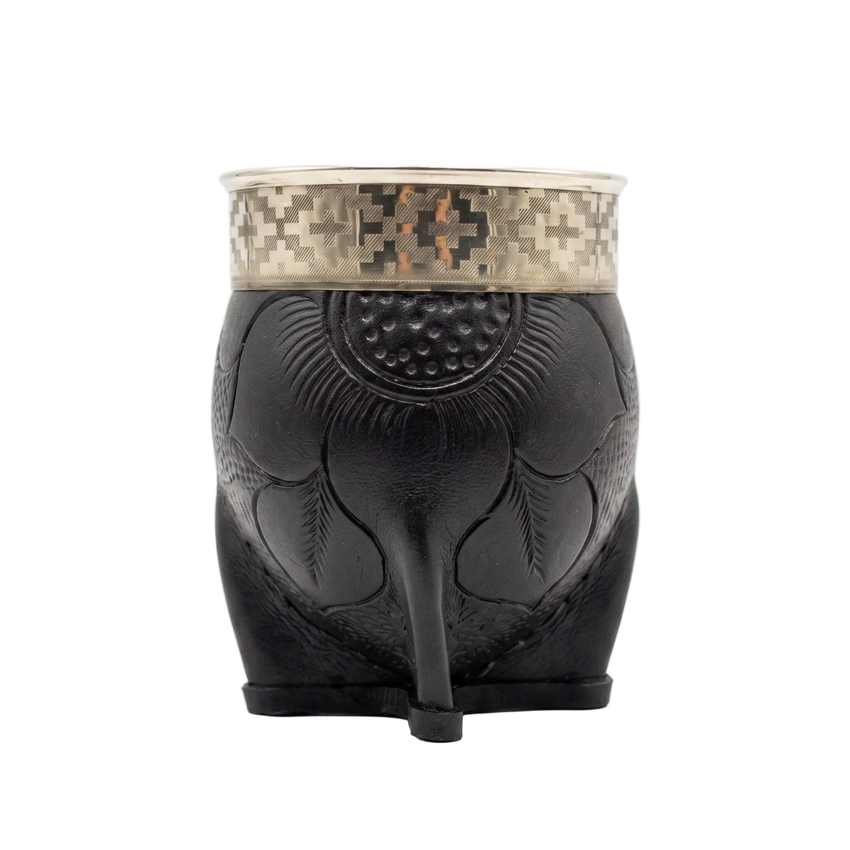 Front view of a black hand-embossed leather Imperial mate gourd featuring a detailed central floral motif, sturdy leather legs, and a geometric-patterned Alpaca silver rim, set against a plain white background.