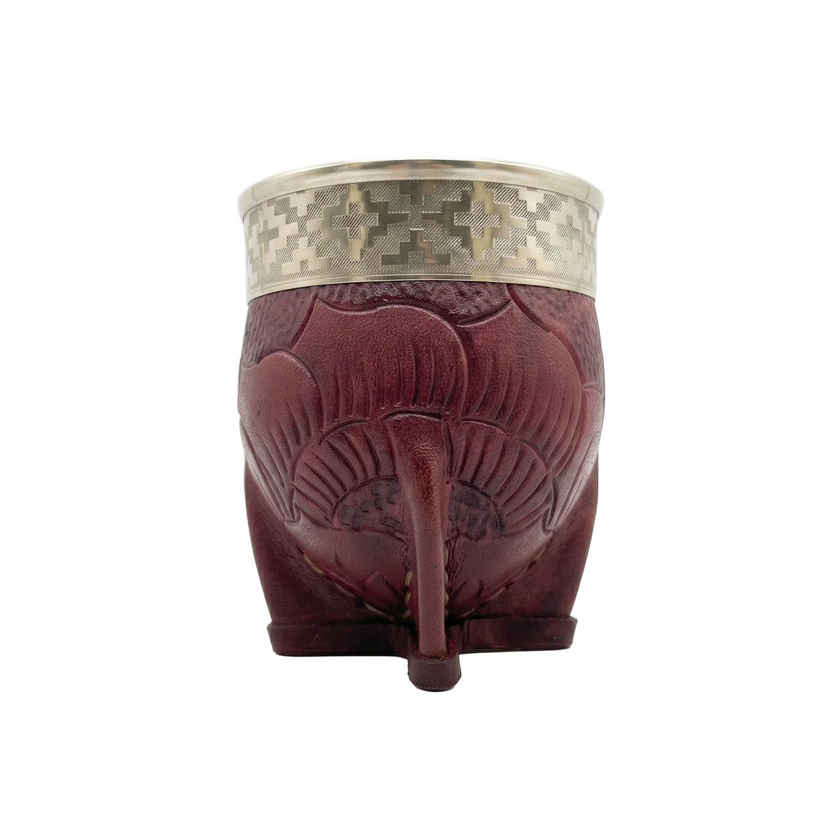 A burgundy hand-embossed leather Imperial mate gourd featuring detailed floral motifs and a carved Alpaca silver rim, shown against a plain white background.
