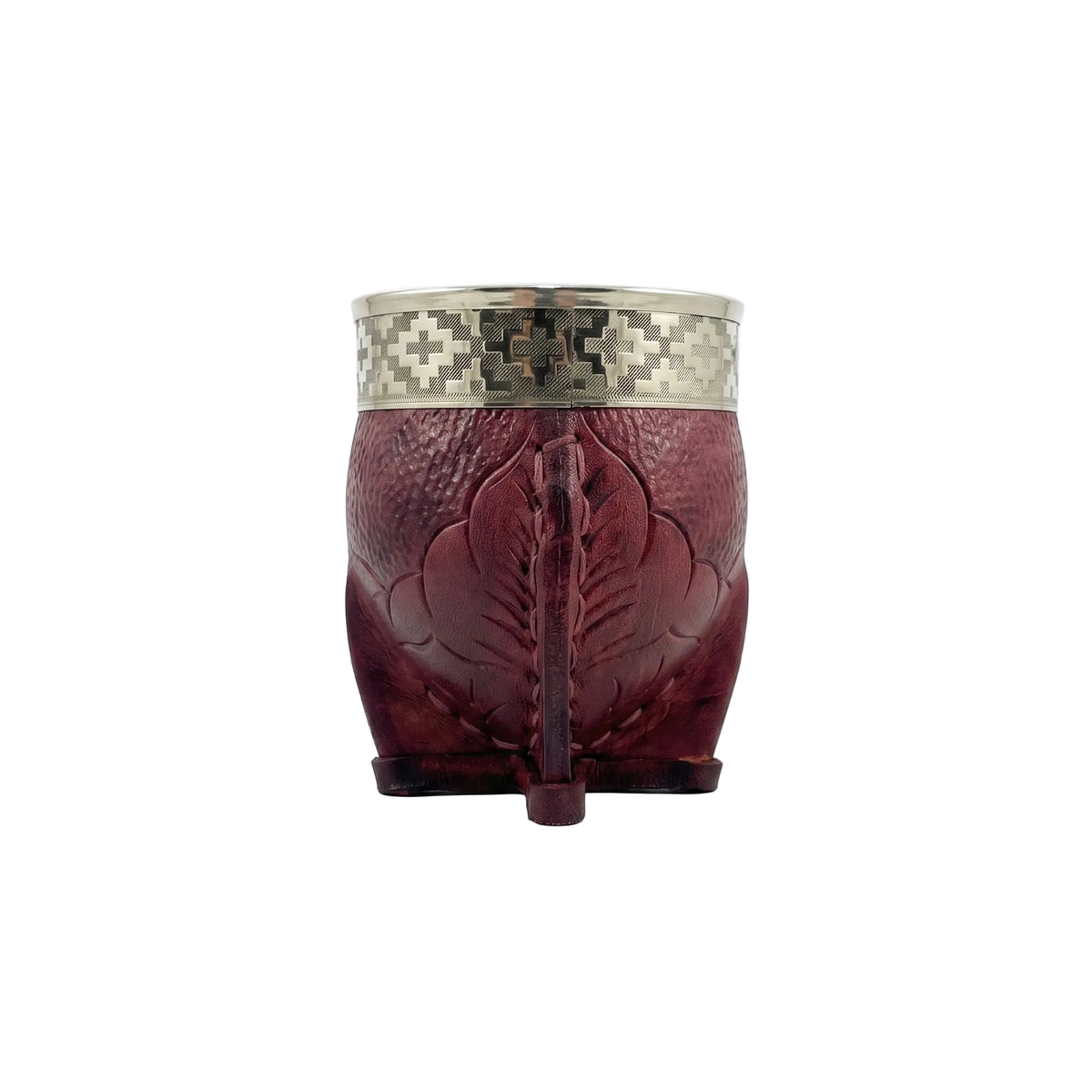 Rear view of a burgundy hand-embossed leather Imperial mate gourd with a four-legged base and a geometric-patterned Alpaca silver rim, set against a white studio background.