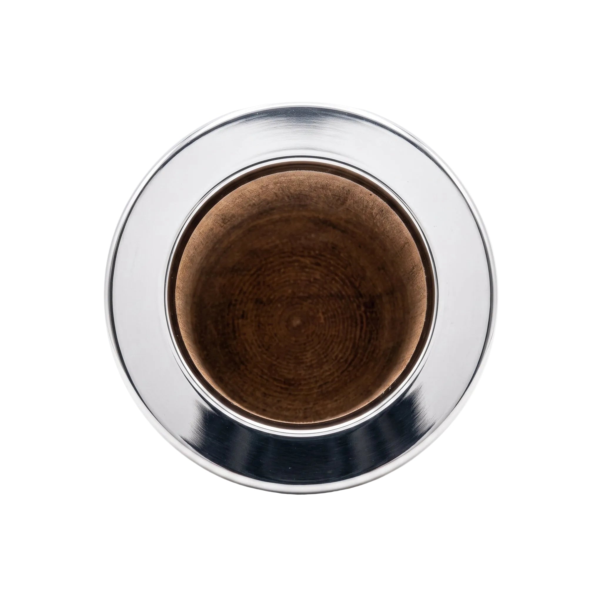 Top-down view of a lacquered algarrobo wood mate gourd with a polished stainless steel rim.