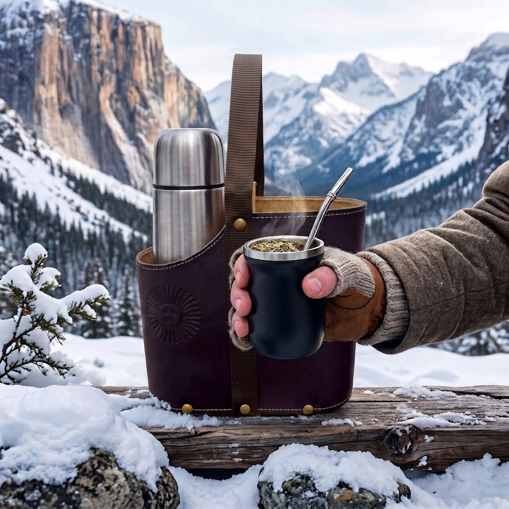 A dark brown leather Uruguaya Matera holding a stainless steel thermos on a snow-covered log, while a gloved hand holds a steaming black mate gourd with a silver bombilla straw against a scenic snowy mountain landscape.