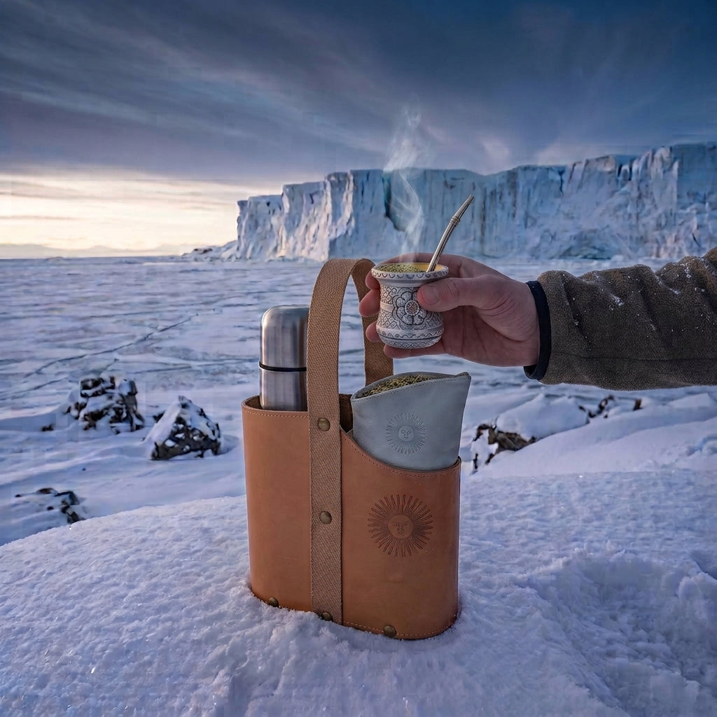 A tan leather Uruguaya Matera resting on snow, holding a stainless steel thermos and a light grey yerbera pouch, while a hand holds a steaming patterned mate gourd with a silver bombilla against a dramatic glacier background.