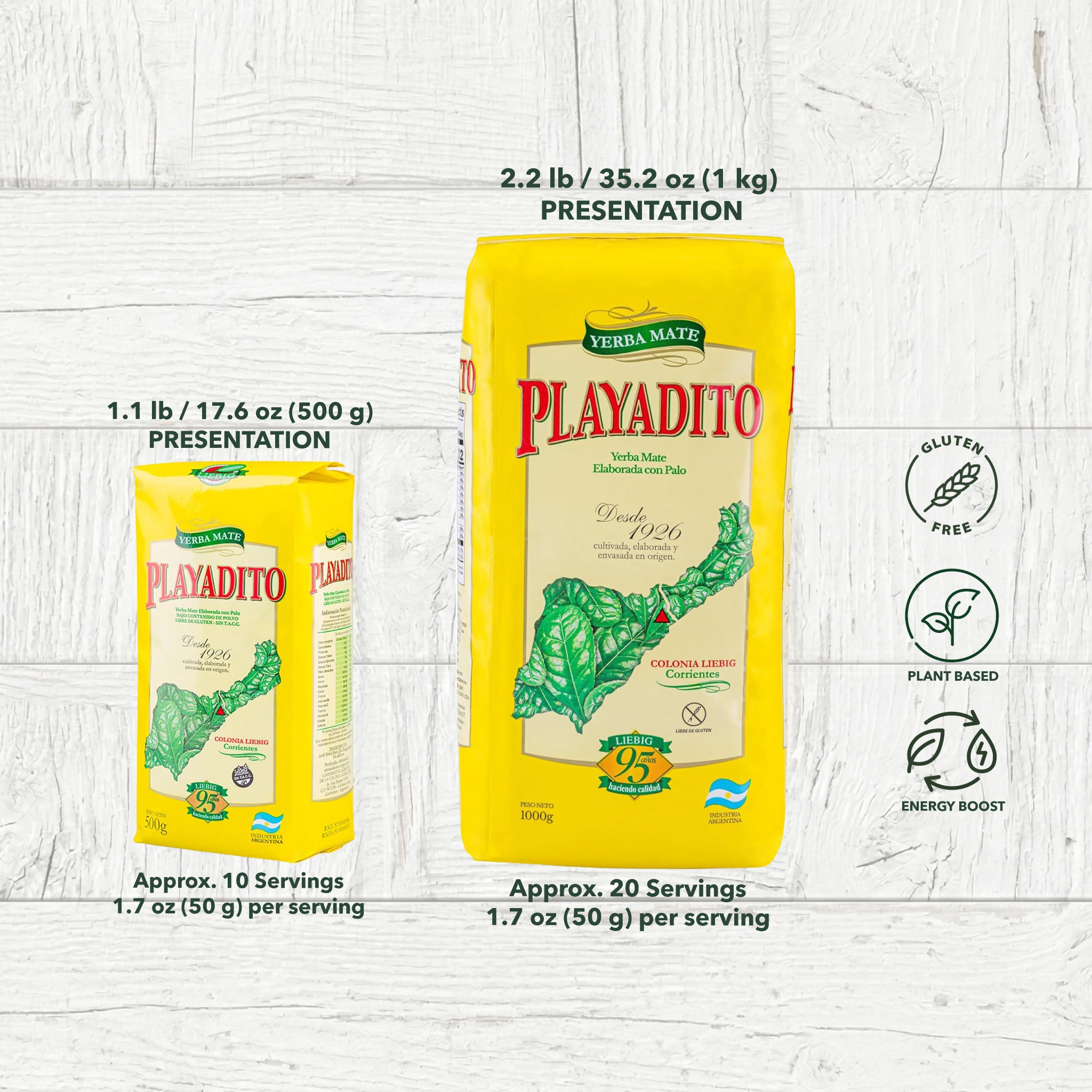 etailed infographic on white wood for Luv Mate, comparing the 500g (1.1 lb) and 1kg (2.2 lb) presentations of Playadito Traditional Yerba Mate. The left section shows the small 500g bag with text stating 'Approx. 10 Servings'. The right section shows the large 1kg bag with text stating 'Approx. 20 Servings'. Both display the iconic yellow packaging with green leaf maps. To the far right, circular icons detail 'GLUTEN FREE', 'PLANT BASED', and 'ENERGY BOOST'.