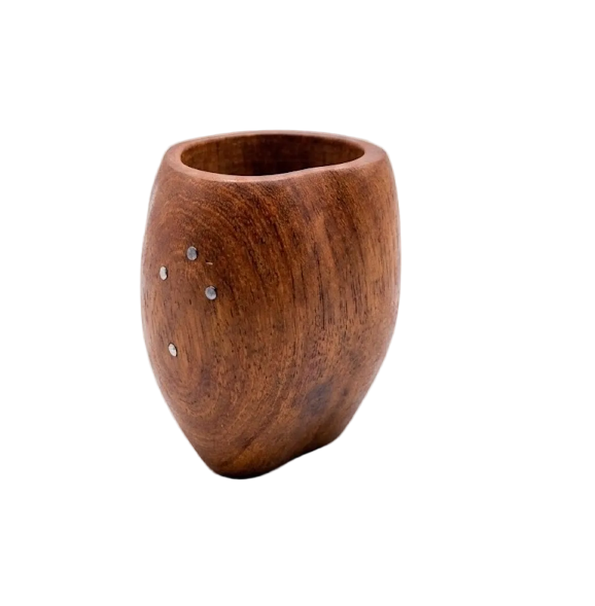 Handcrafted natural carob wood Ranchera mate gourd with an inlaid silver Southern Cross constellation design, against a plain white background.